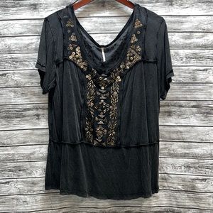 L Free People Charcoal Grey mesh gold silver embellished short sleeve top